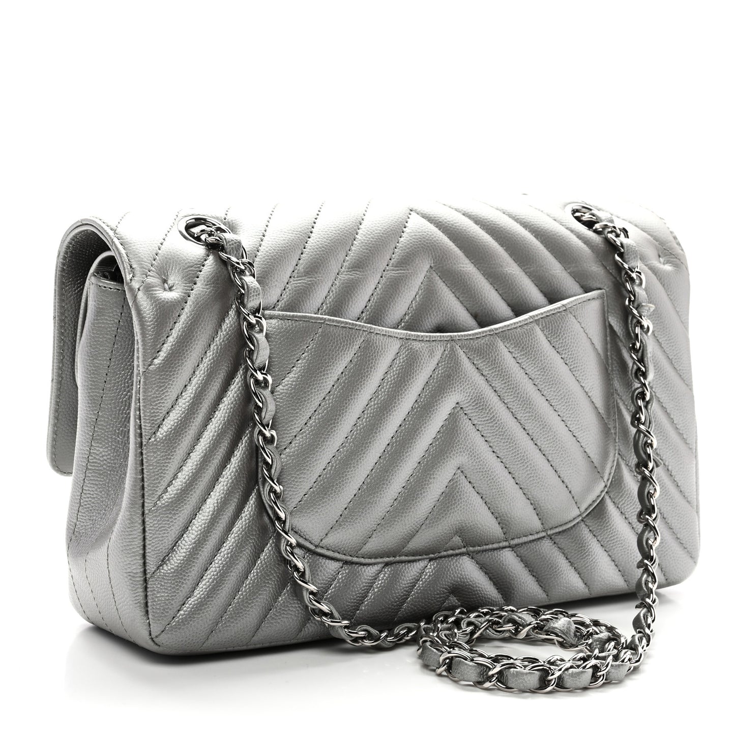 Metallic Caviar Chevron Quilted Medium Double Flap Silver