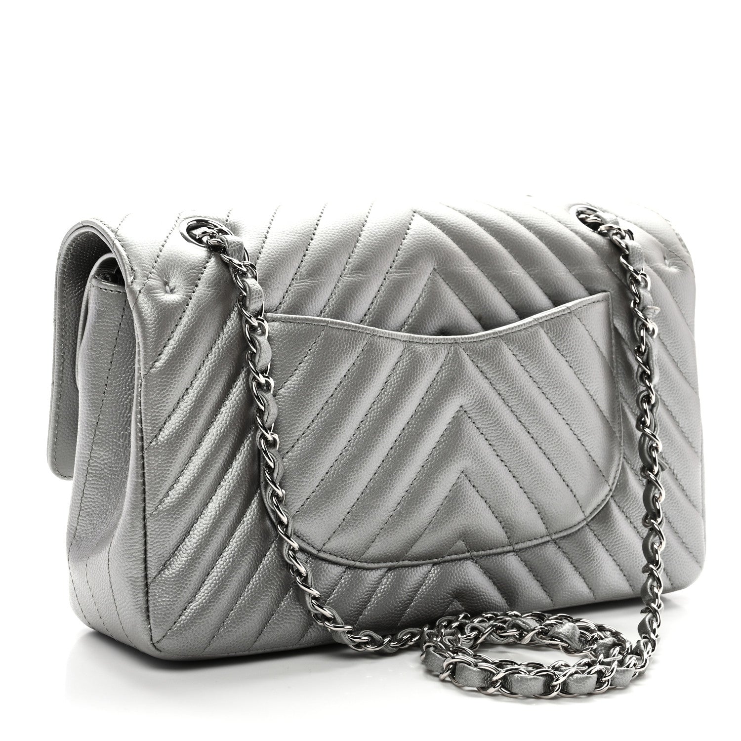 Chanel Metallic Caviar Chevron Quilted Medium Double Flap Silver 3 of 10