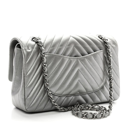 Chanel Metallic Caviar Chevron Quilted Medium Double Flap Silver 3 of 10