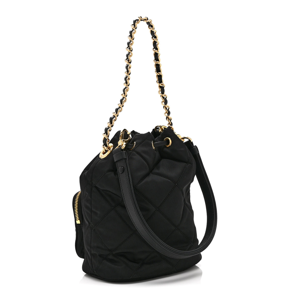 Re-Nylon Saffiano Stitched Duet Bucket Bag Black