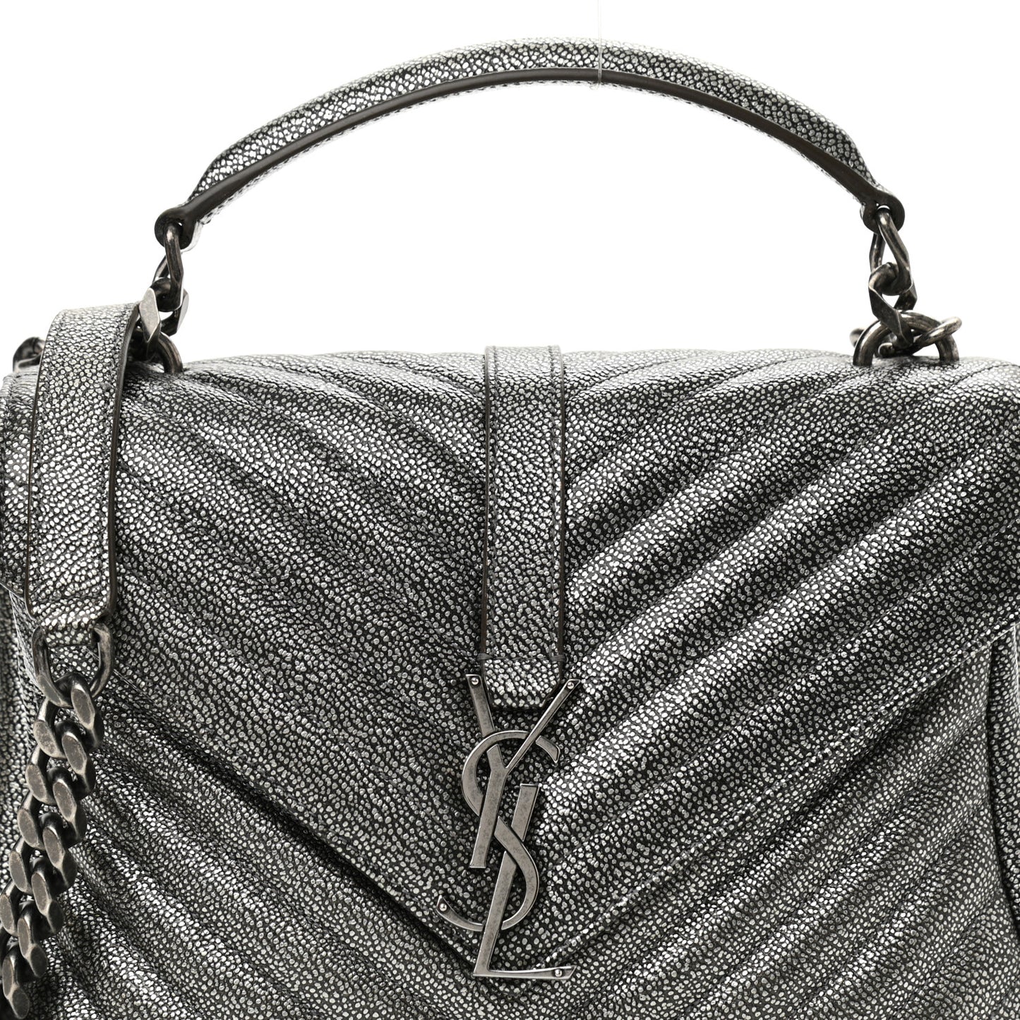 Metallic Grain De Poudre Matelasse Chevron Monogram Medium College Bag Gunmetal