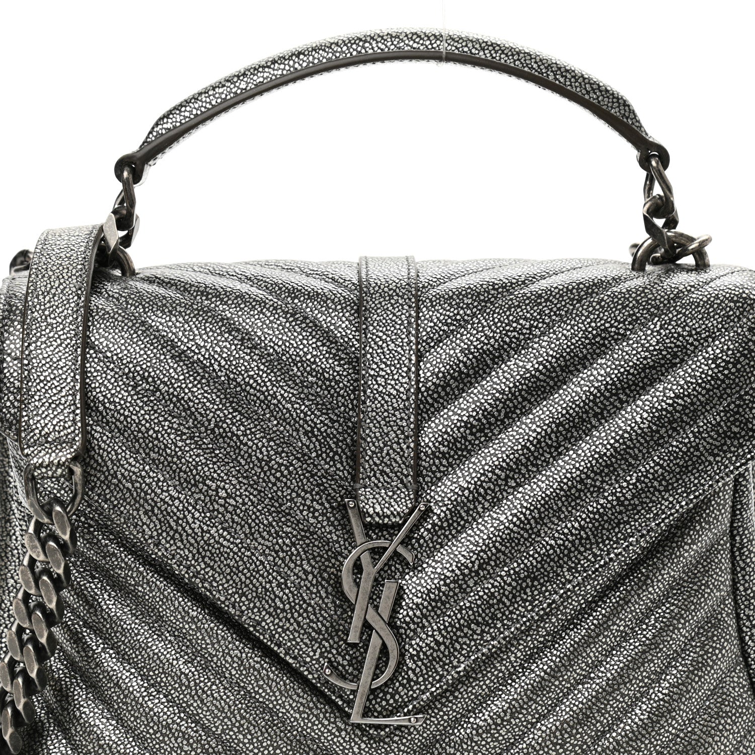 Saint Laurent Metallic Grain De Poudre Matelasse Chevron Monogram Medium College Bag Gunmetal 7 of 10