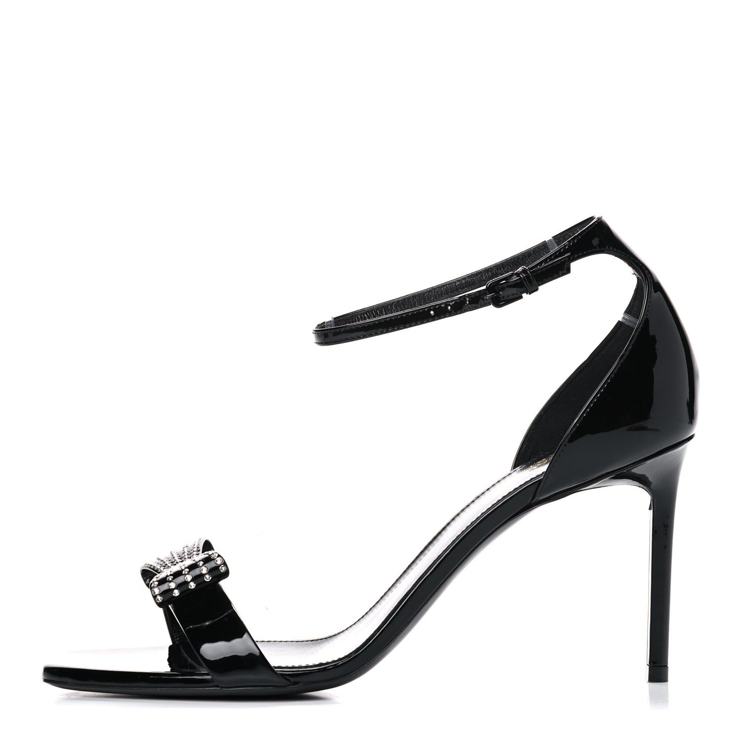 Patent Calfskin Crystal Amber Bow 85 Ankle Strap Sandals 40.5 Black