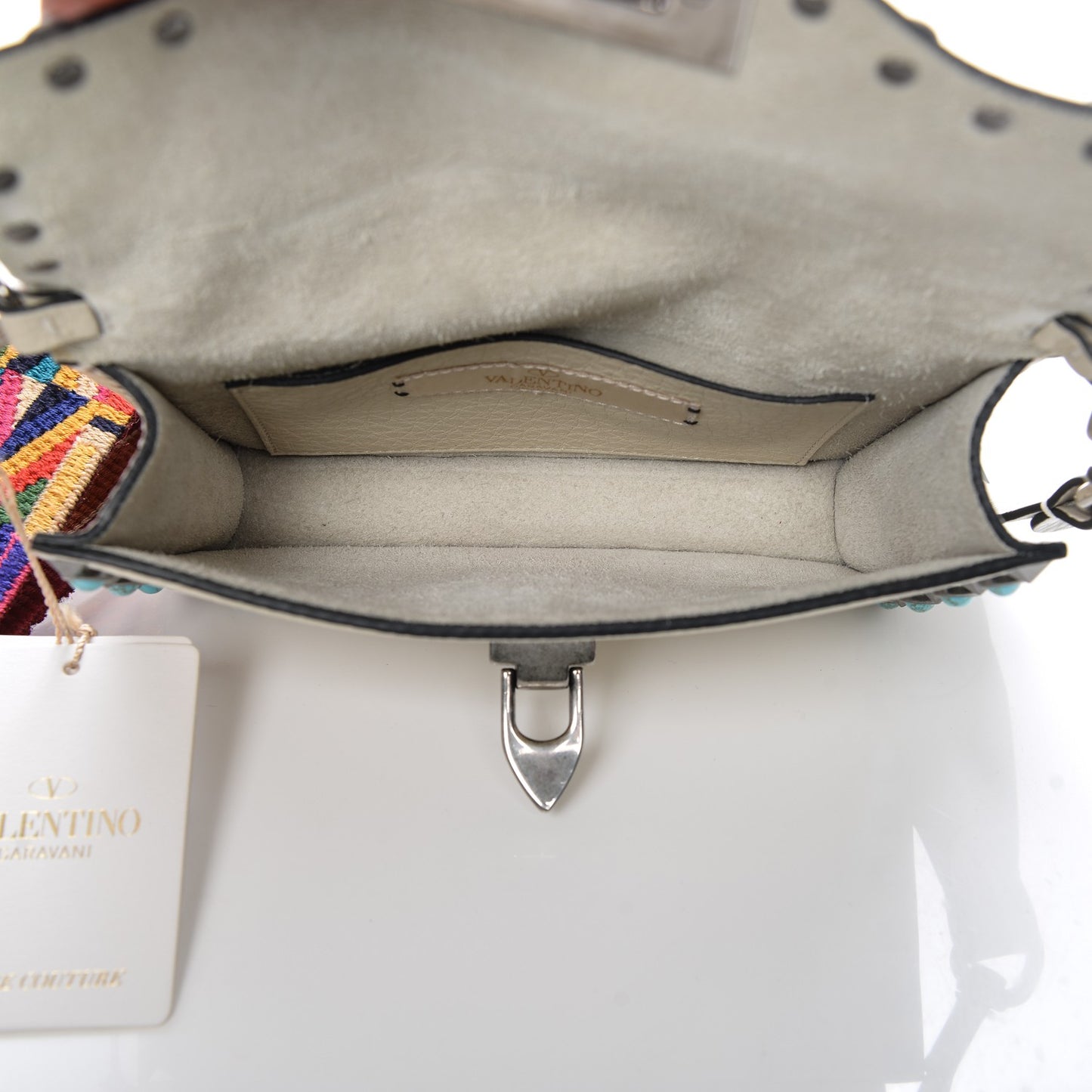 Grained Calfskin Small Guitar Strap Rockstud Rolling Shoulder Flap Bag Light Ivory
