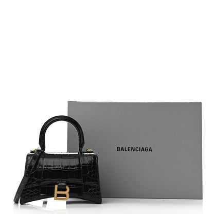 Balenciaga Shiny Calfskin Crocodile Embossed Hourglass Top Handle Bag XS Black 10 of 10