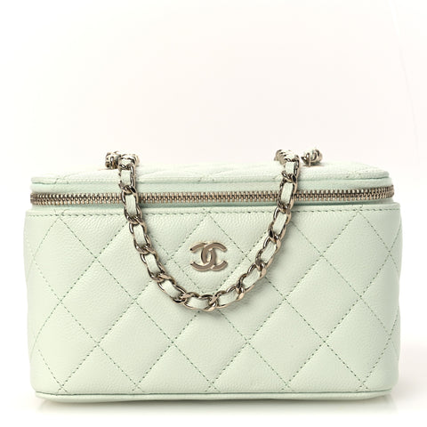 Caviar Quilted Small Tiny CC Vanity Case With Chain Light Green