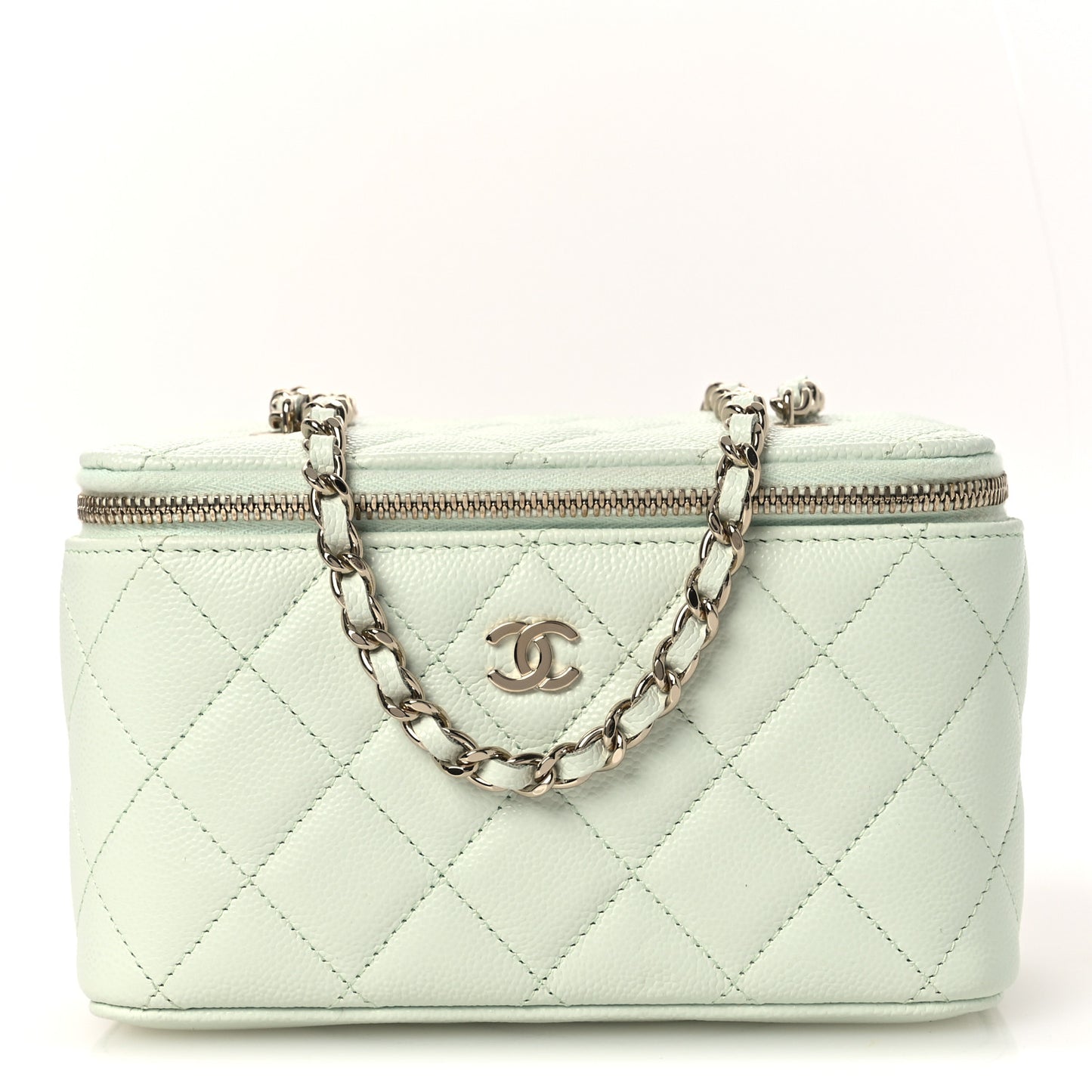 Caviar Quilted Small Tiny CC Vanity Case With Chain Light Green