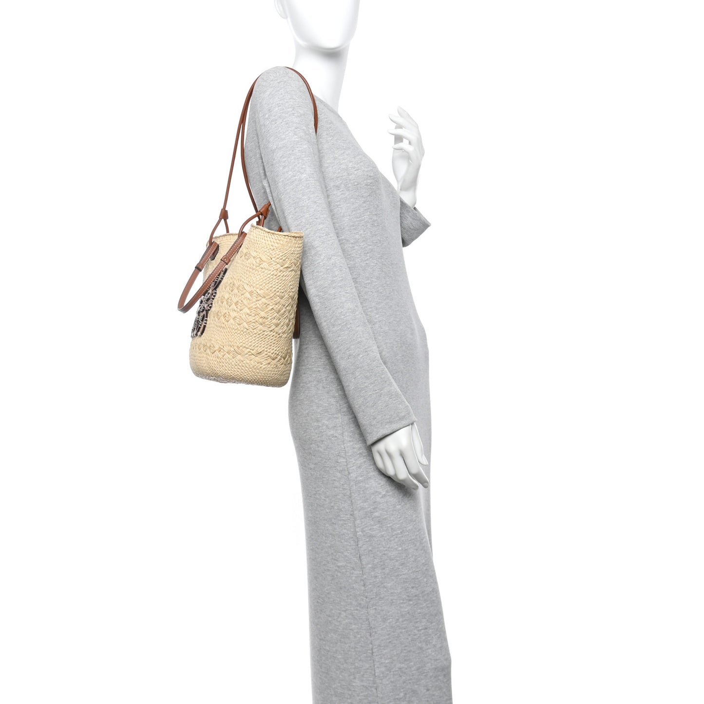 Calfskin Raffia Paulas Ibiza Medium Anagram Basket Tote Bag Natural Tan