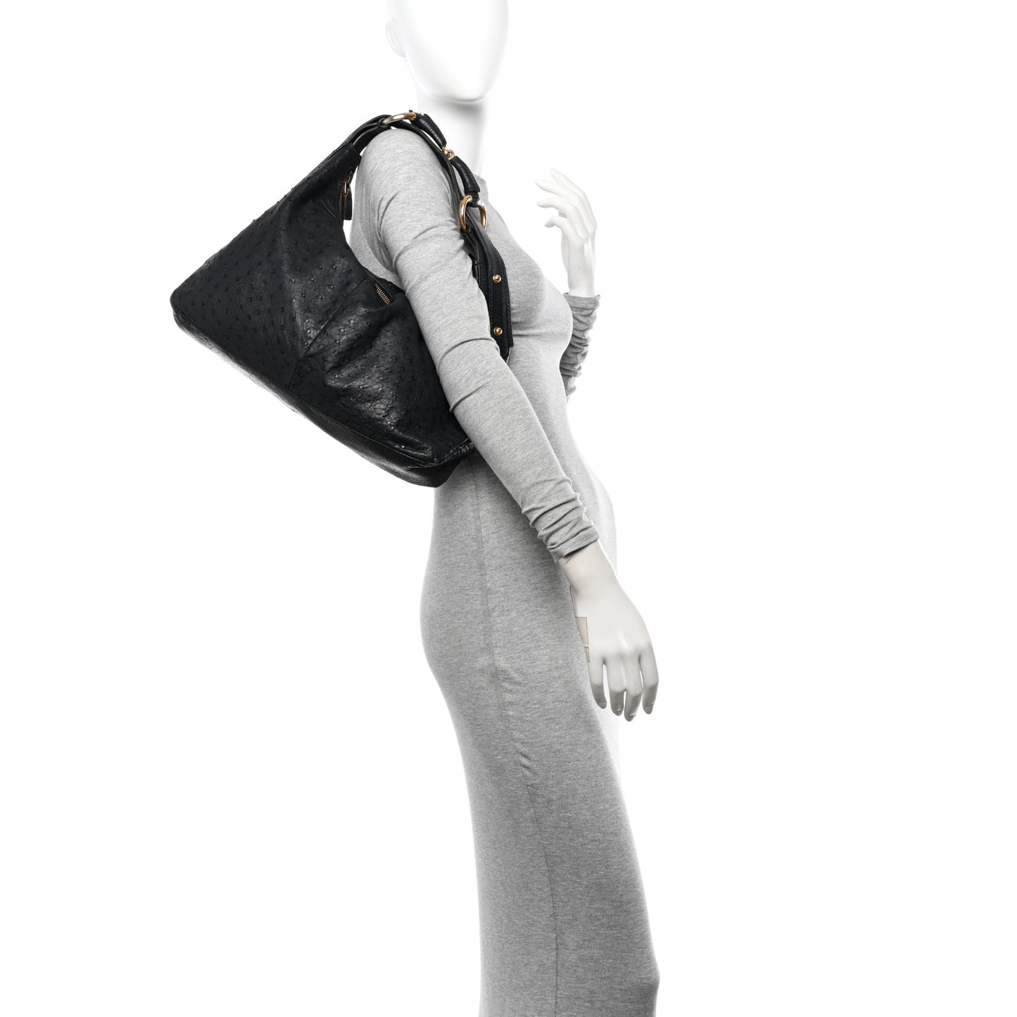 Ostrich Medium Horsebit Chain Hobo Black