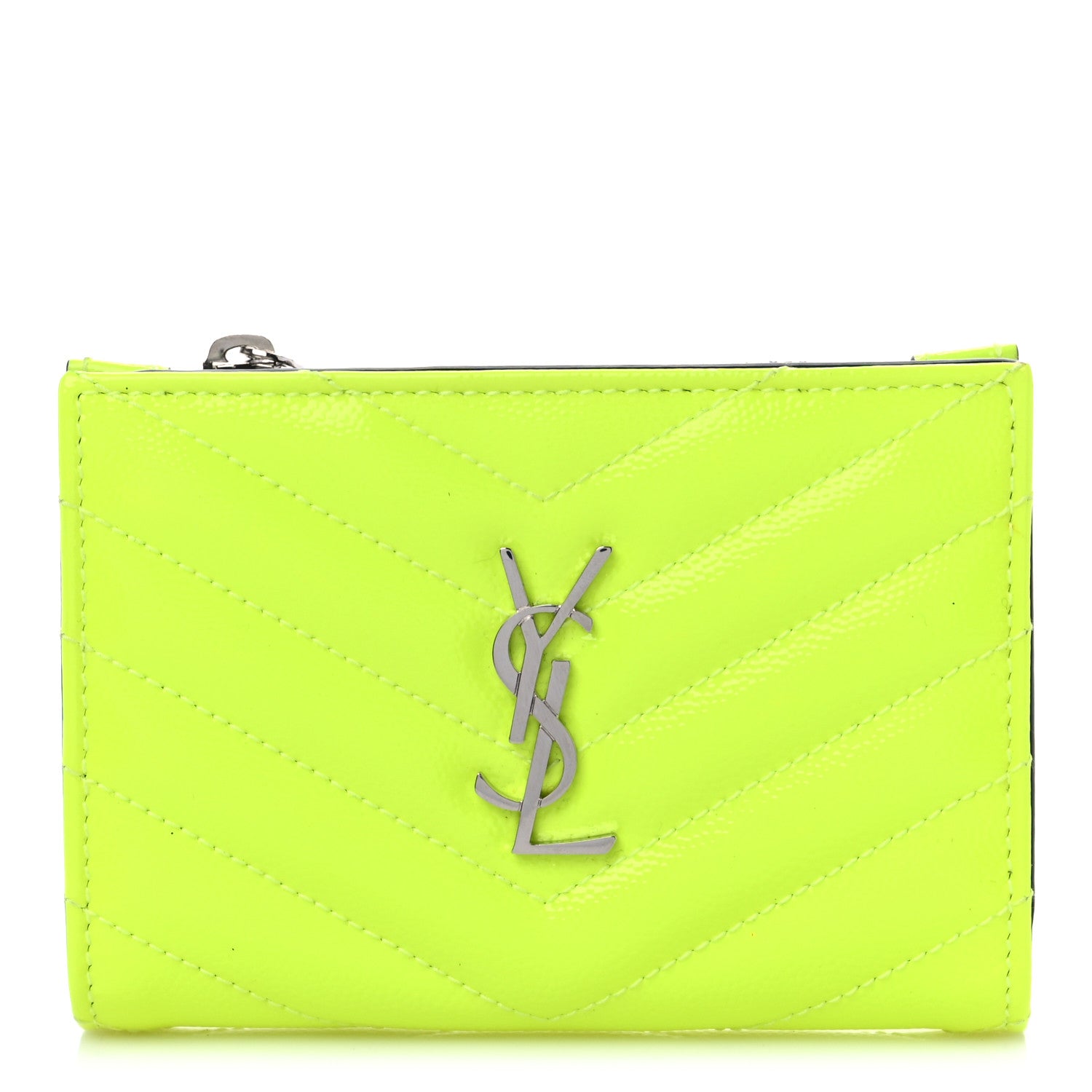 Saint Laurent Patent Grain De Poudre Matelasse Chevron Monogram Zipped Two-Part Wallet Neon Yellow 1 of 7
