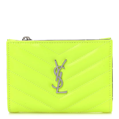 Saint Laurent Patent Grain De Poudre Matelasse Chevron Monogram Zipped Two-Part Wallet Neon Yellow 1 of 7