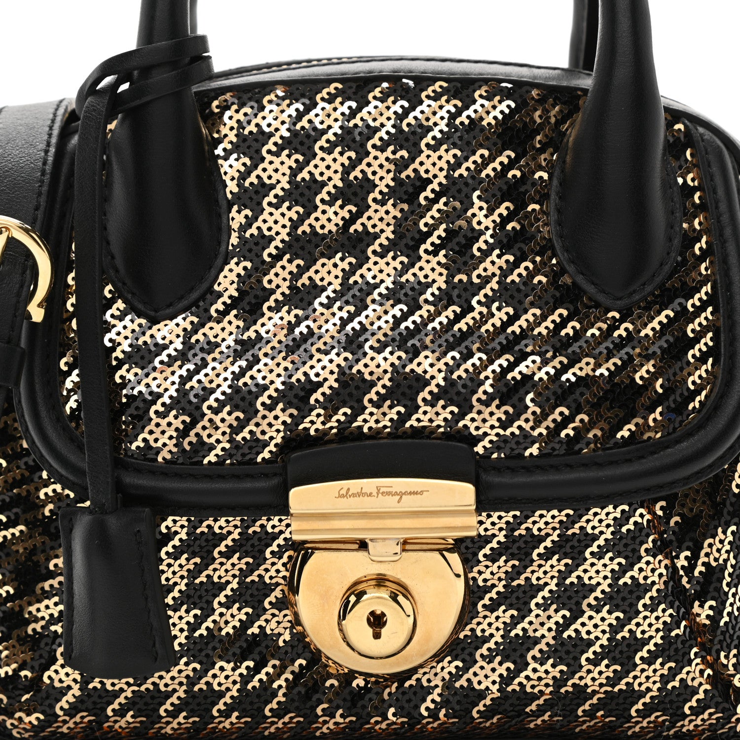 Salvatore Ferragamo Calfskin Sequin Small Fiamma Bag Black Gold 7 of 11
