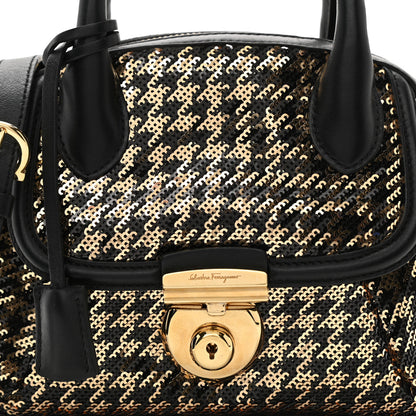 Salvatore Ferragamo Calfskin Sequin Small Fiamma Bag Black Gold 7 of 11