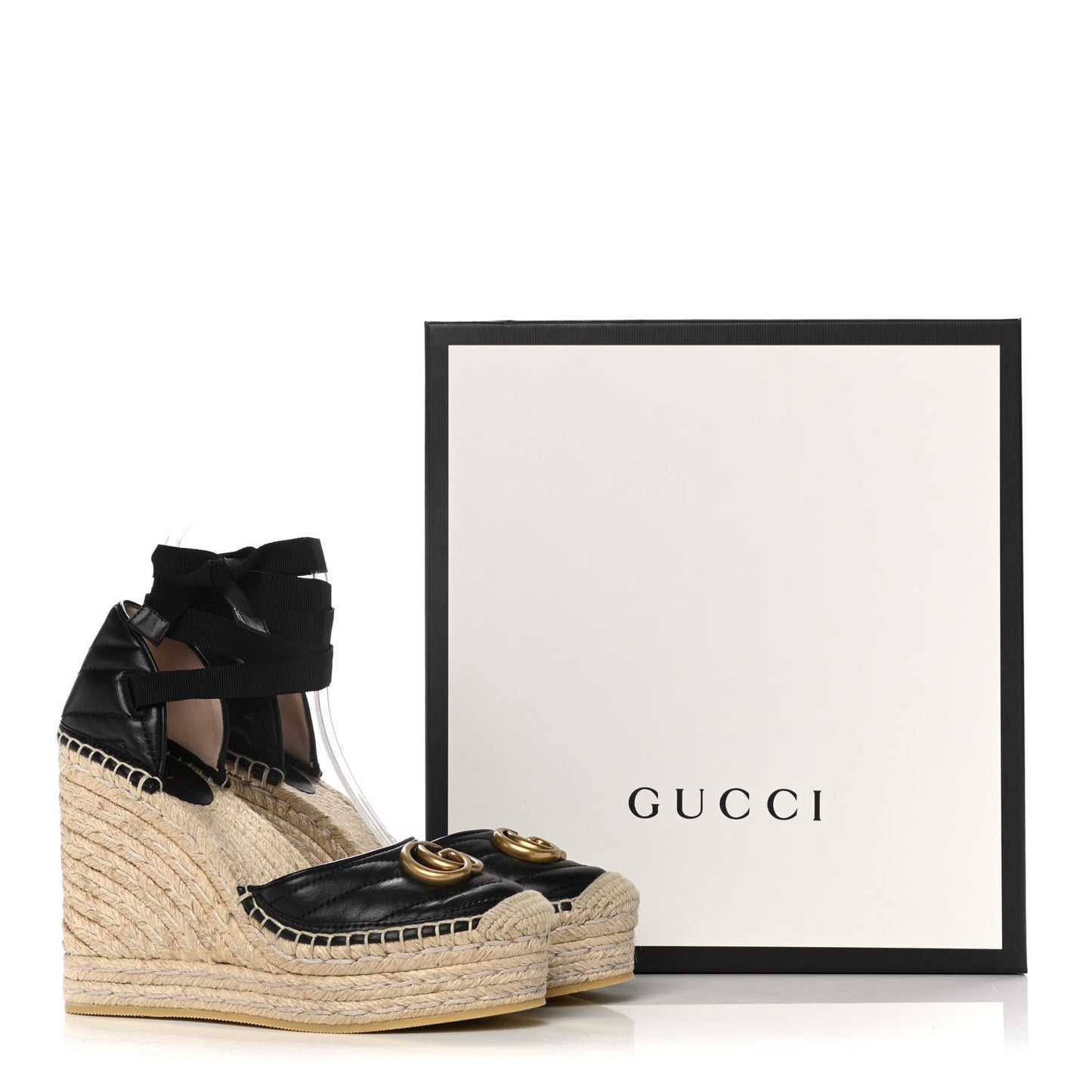 Nappa Matelasse GG Marmont Ankle Wrap Platform 35/120mm Espadrille Wedges 37.5 Black