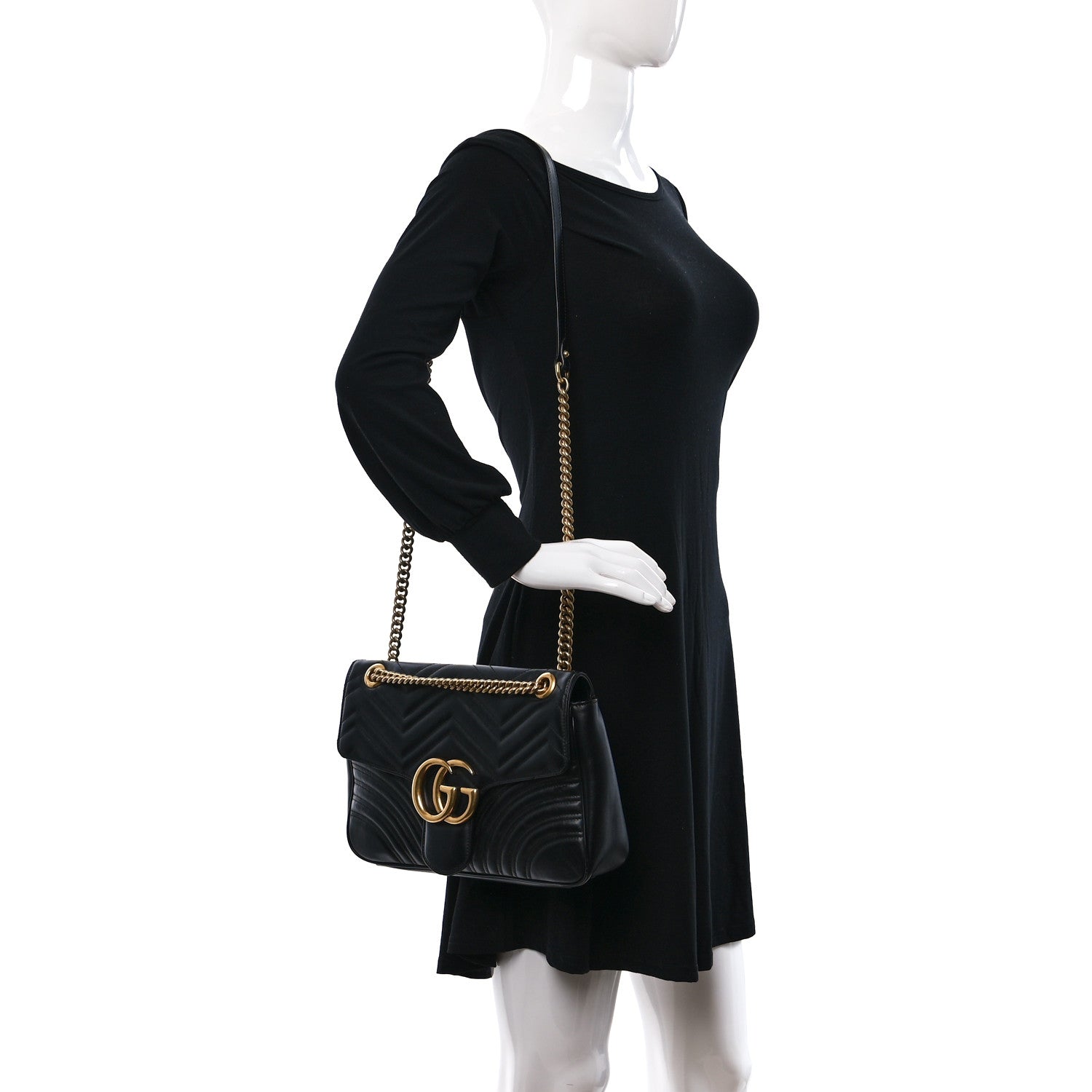 Gucci Calfskin Matelasse Medium GG Marmont Shoulder Bag Black 2 of 9