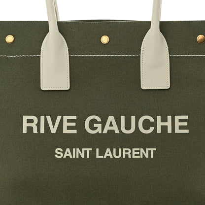 Saint Laurent Linen Calfskin Small Rive Gauche Tote Military Green Blanc Vintage 8 of 10
