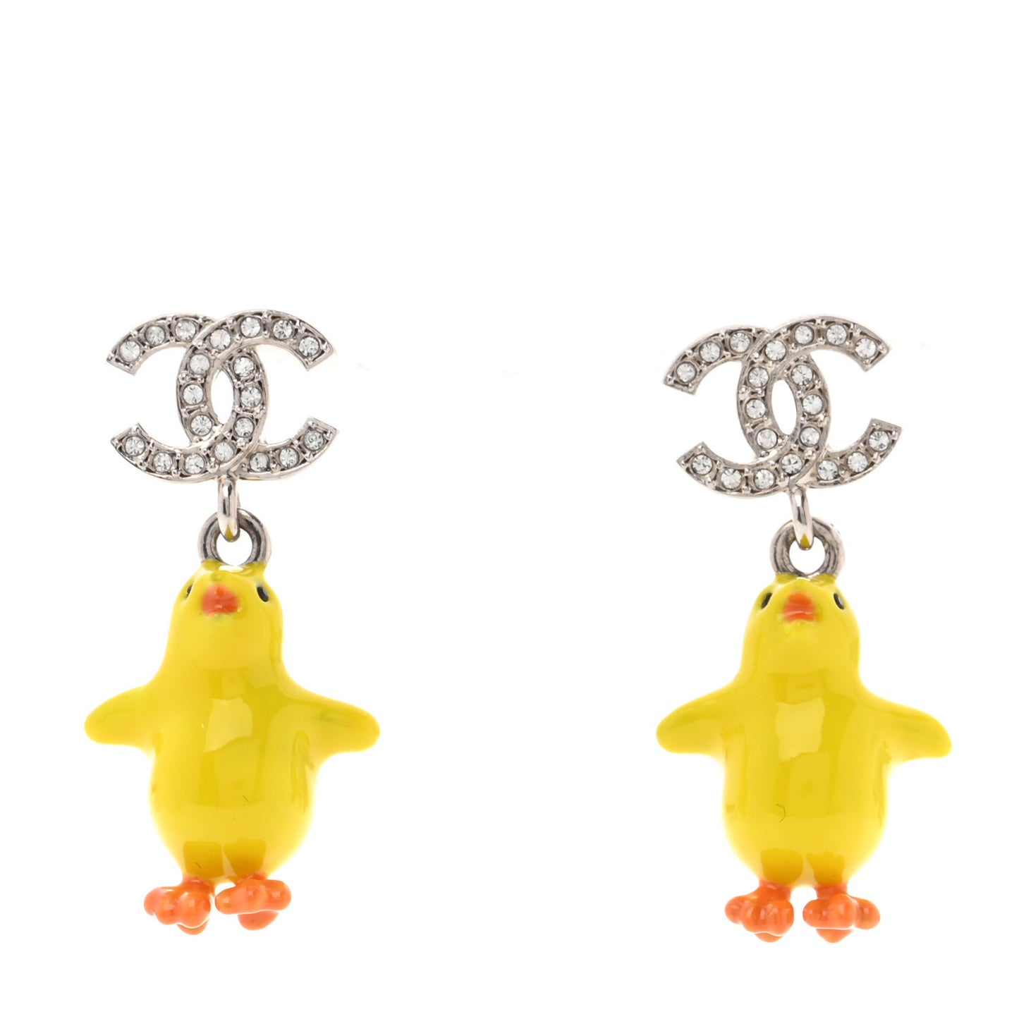 Metal Resin Strass Crystal CC Baby Chick Pendant Earrings Silver Yellow Orange