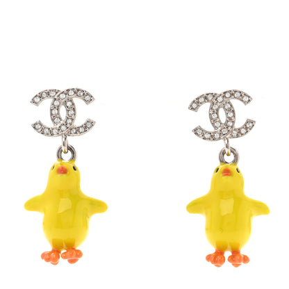 Chanel Metal Resin Strass Crystal CC Baby Chick Pendant Earrings Silver Yellow Orange 1 of 4