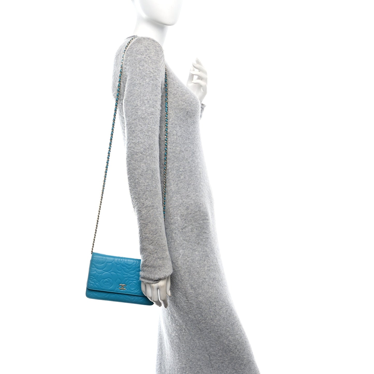 Lambskin Camellia Embossed Wallet On Chain WOC Turquoise
