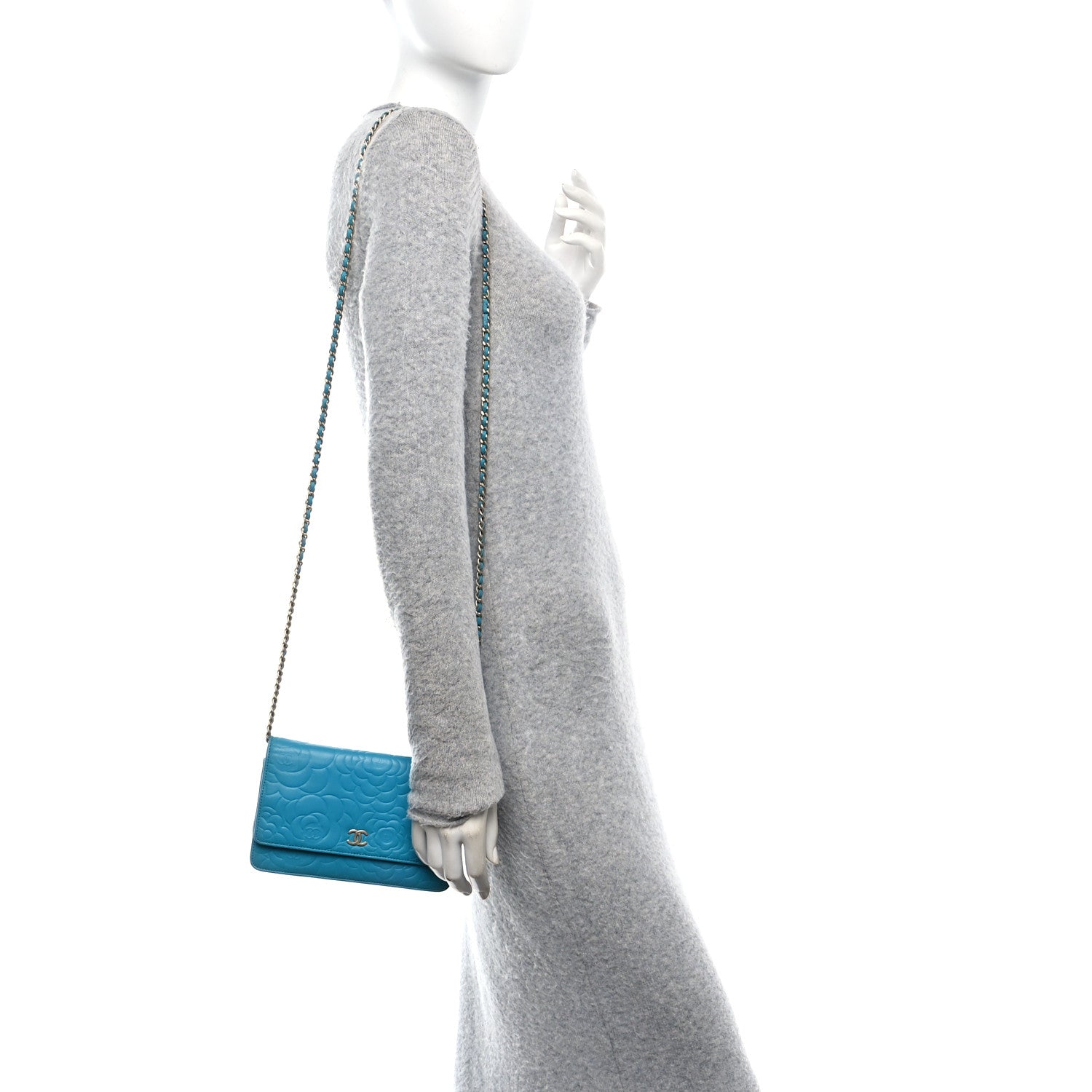 Chanel Lambskin Camellia Embossed Wallet On Chain WOC Turquoise 3 of 11