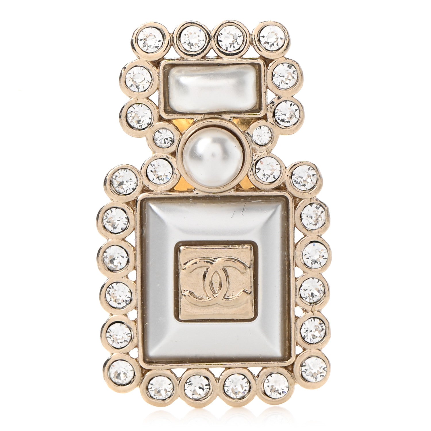 Chanel Resin Crystal Pearl Perfume Bottle CC Brooch White Gold 1 of 6