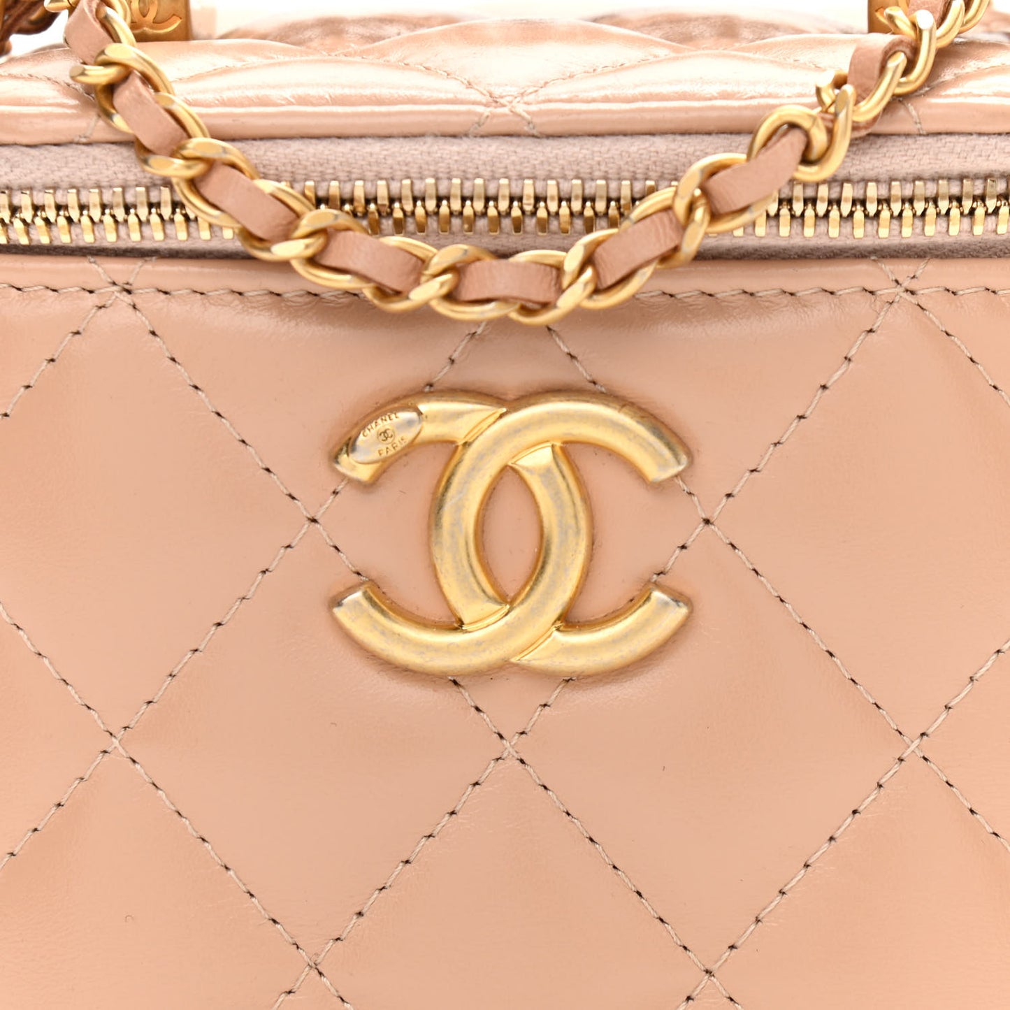Calfskin Quilted Mini Perfect Fit Vanity Case With Chain Beige