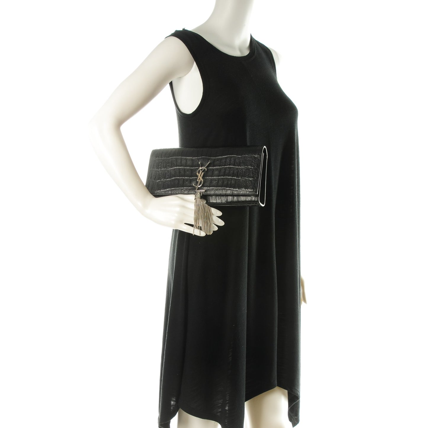 Calfskin Crocodile Embossed Classic Monogram Tassel Clutch Black
