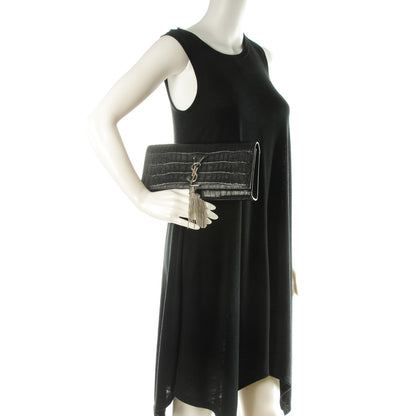 Saint Laurent Calfskin Crocodile Embossed Classic Monogram Tassel Clutch Black 2 of 7