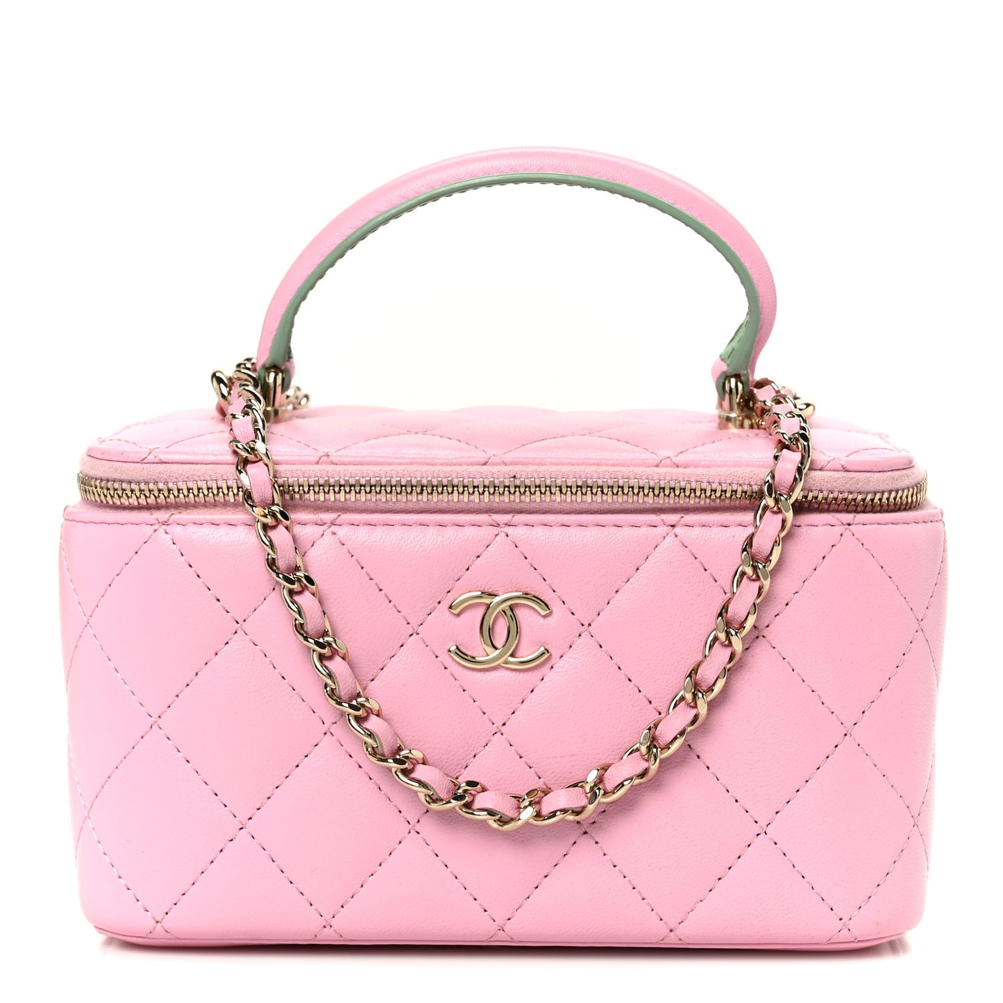Lambskin Quilted Small Top Handle Vanity Case With Chain  Lilac Light Green