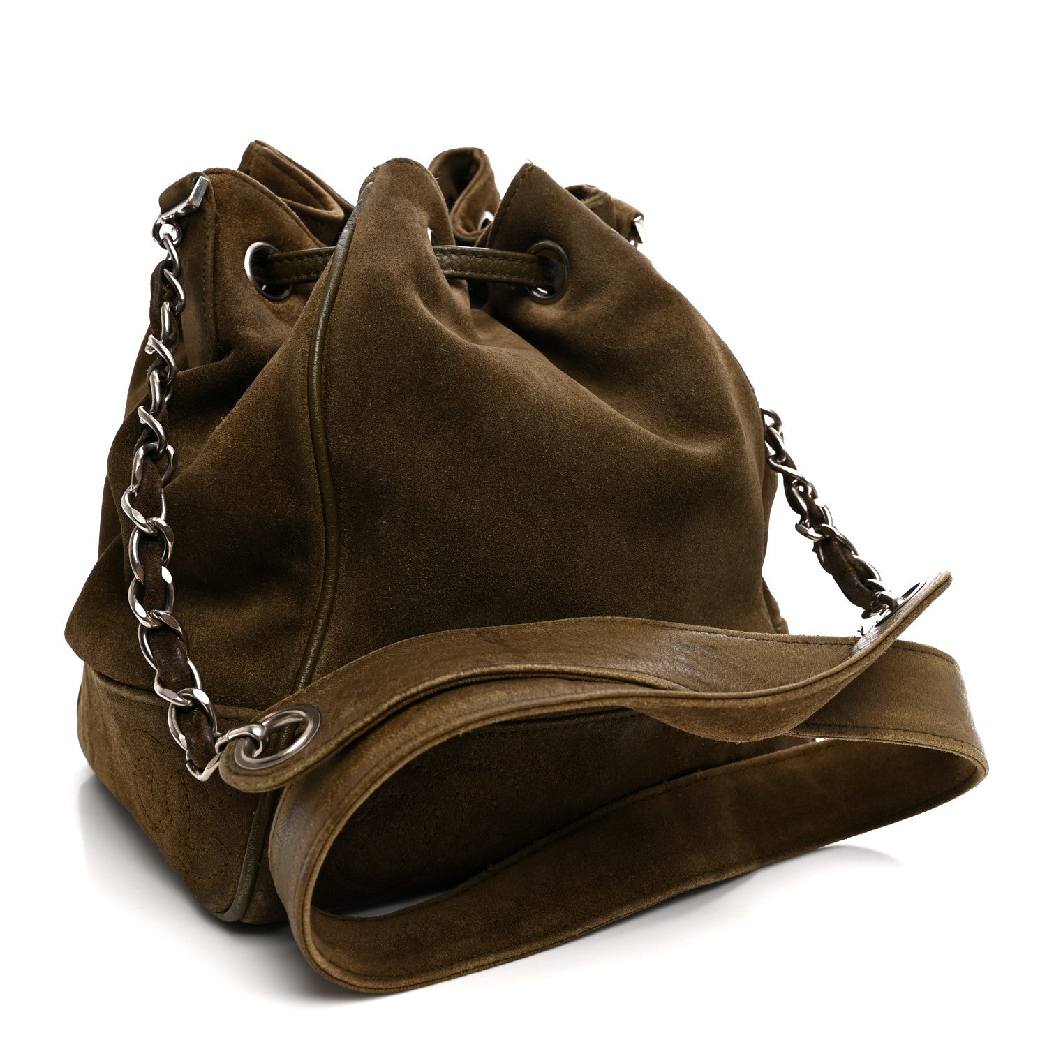 Chanel Suede Drawstring Bucket Bag Khaki 3 of 12