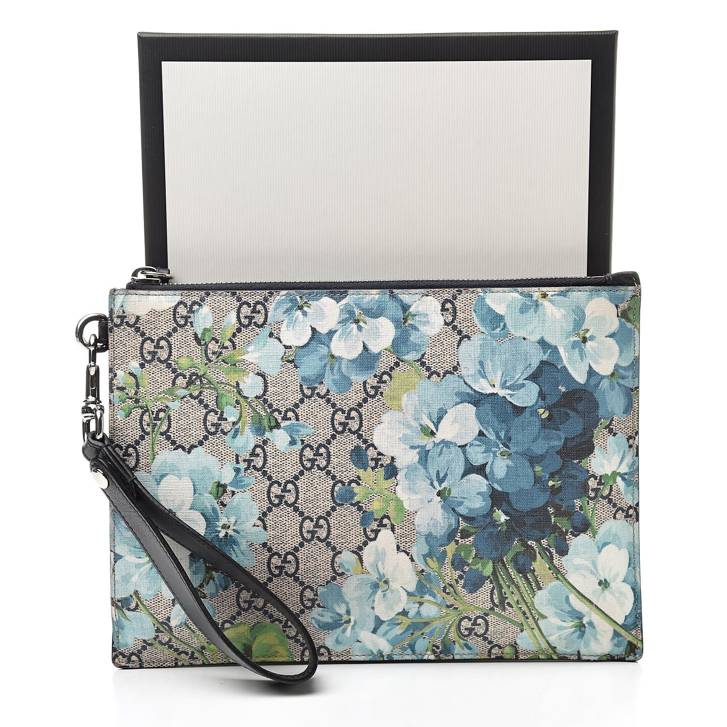 Gucci GG Supreme Monogram Blooms Small Zip Wristlet Pouch Beige Blue Black 8 of 8