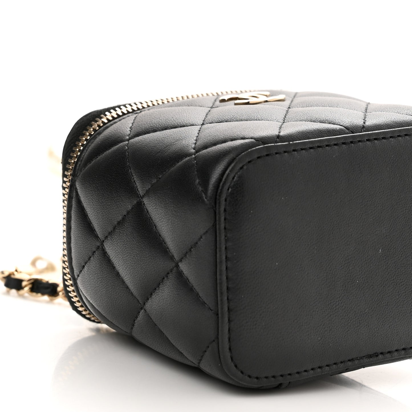 Lambskin Quilted Mini Vanity Case With Pearl Chain Black