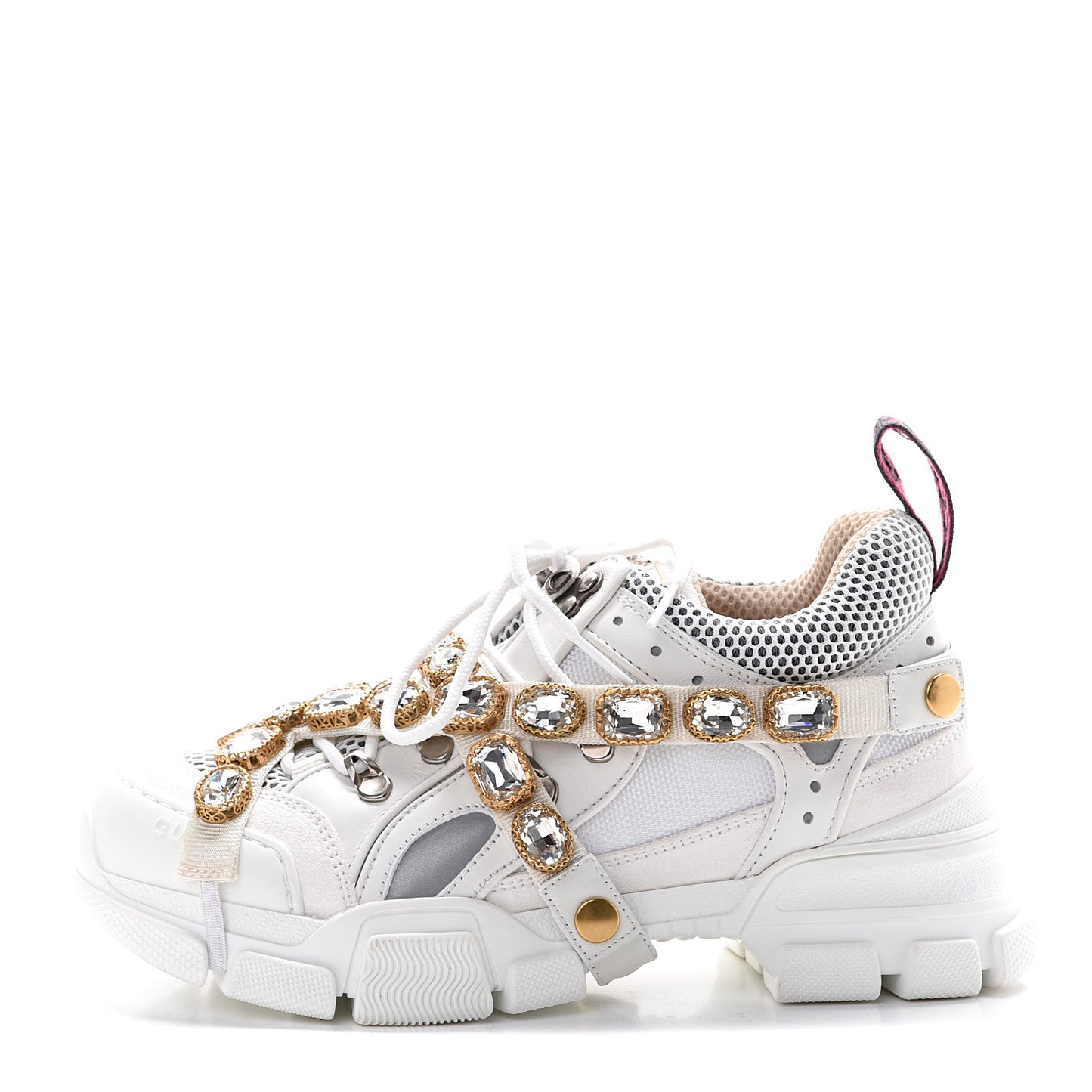 X SEGA Mesh Calfskin Suede Removable Crystals Womens Flashtrek Sneakers 37.5 Great White