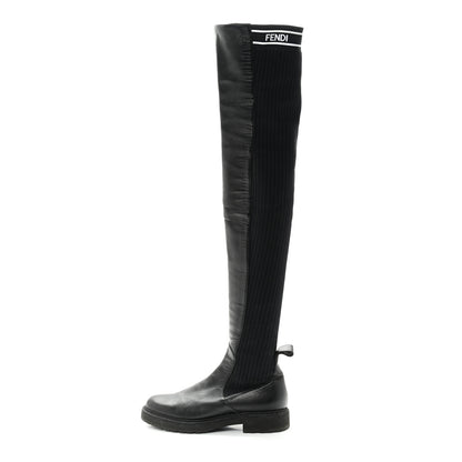 Fendi Lambskin Stretch Fabric Logo Rockoko Tall Boots 36 Black White 1 of 7