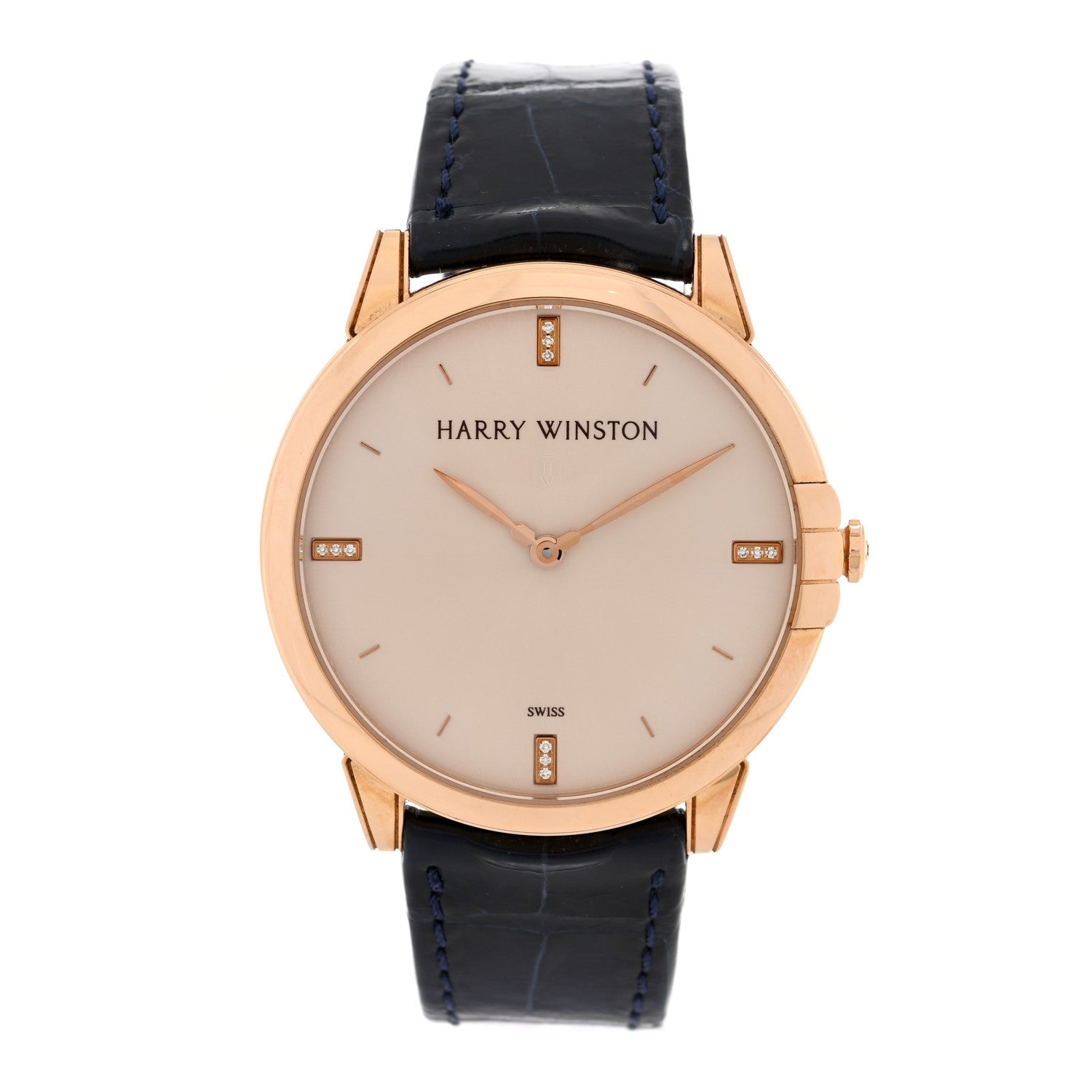 Harry Winston 18K Rose Gold Alligator Diamond 39mm Midnight Quartz Watch Champagne 1 of 6