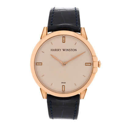 Harry Winston 18K Rose Gold Alligator Diamond 39mm Midnight Quartz Watch Champagne 1 of 6