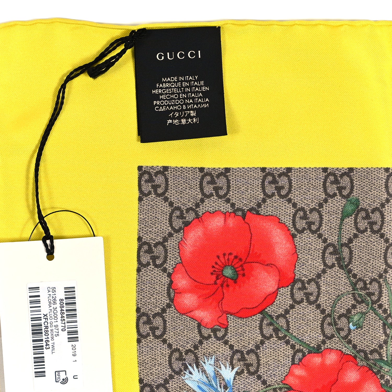 Gucci Silk Twill GG Monogram Flora Fluo GG Square Scarf Beige Yellow 4 of 4