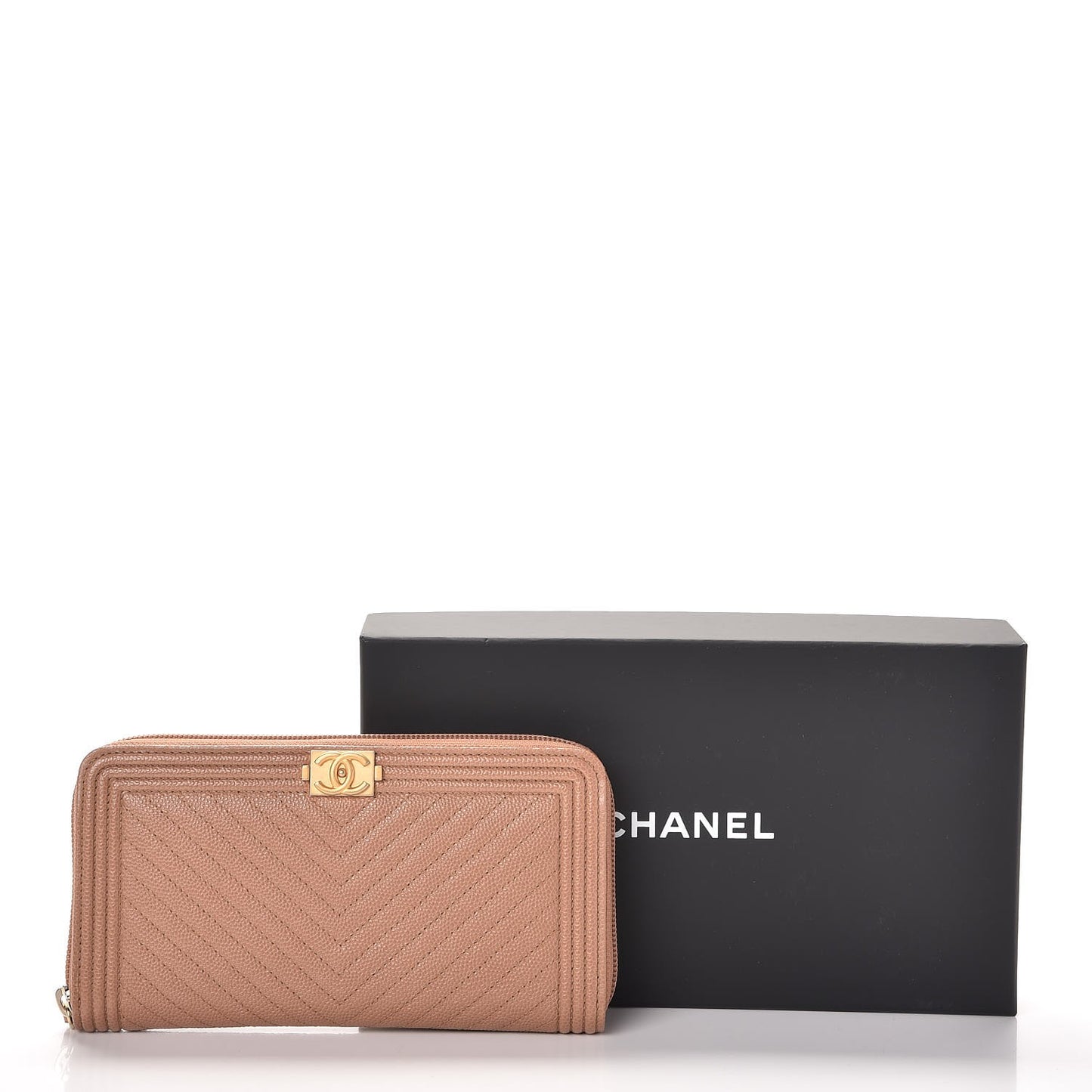 Caviar Chevron Zip Around Boy Wallet Light Brown