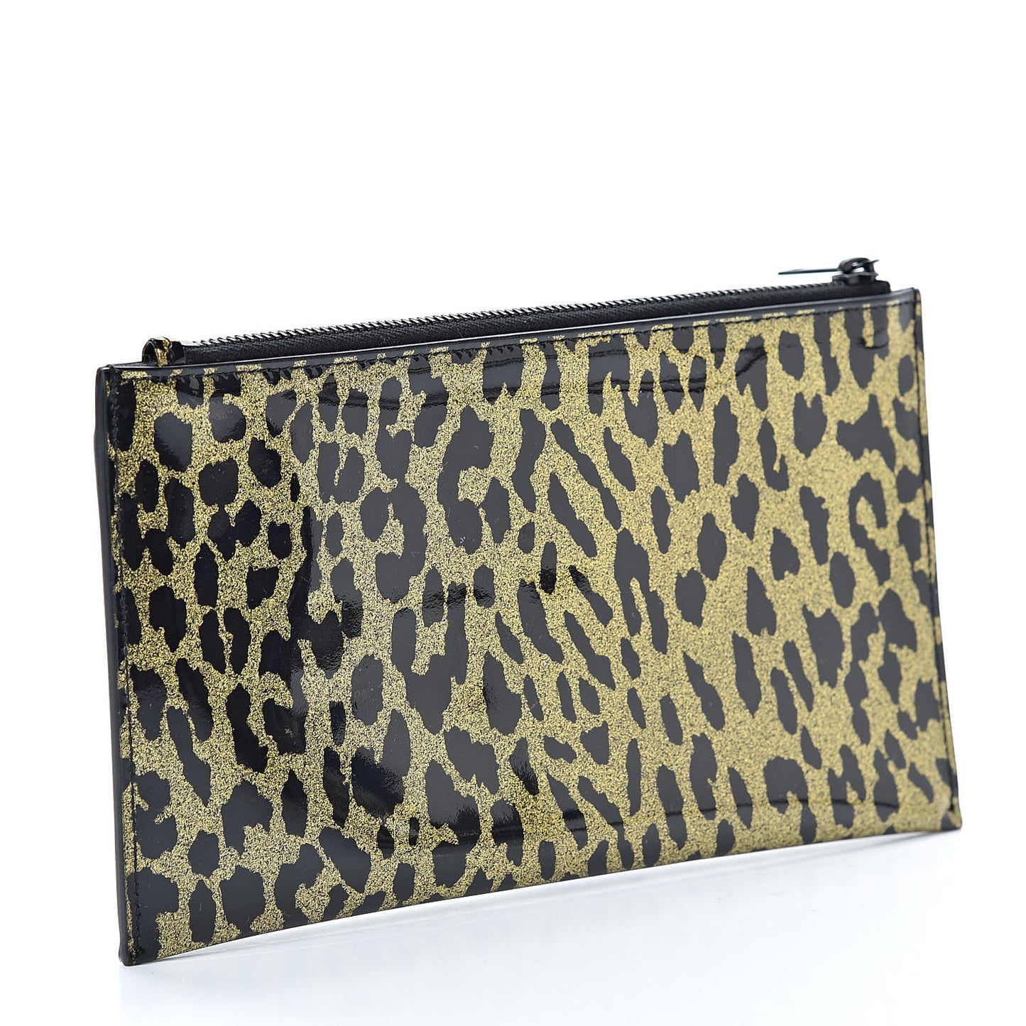 Patent Glitter Leopard Monogram Zip Pouch Gold Black