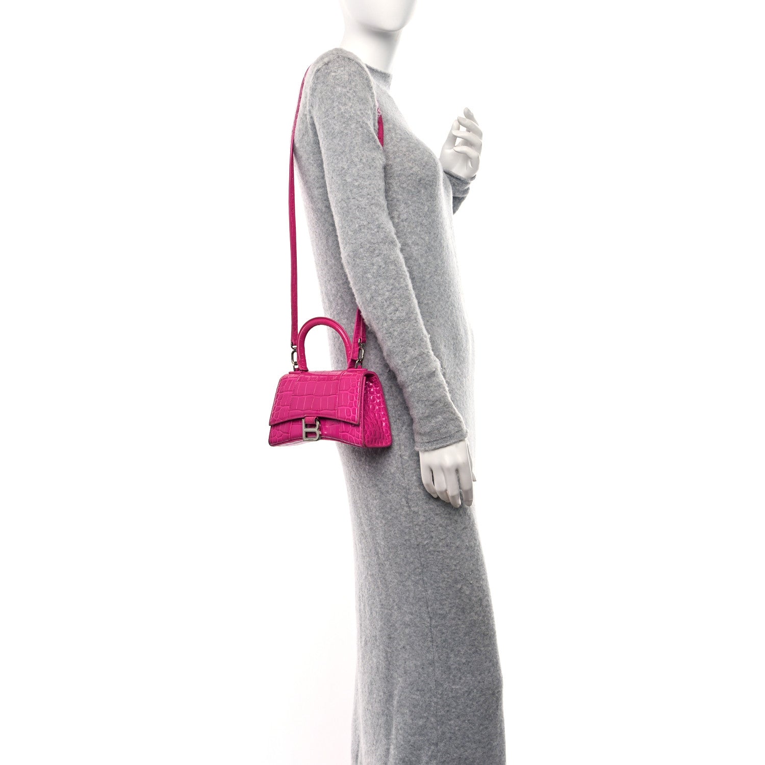 Balenciaga Shiny Calfskin Crocodile Embossed Hourglass Top Handle Bag XS Lipstick Pink 2 of 14