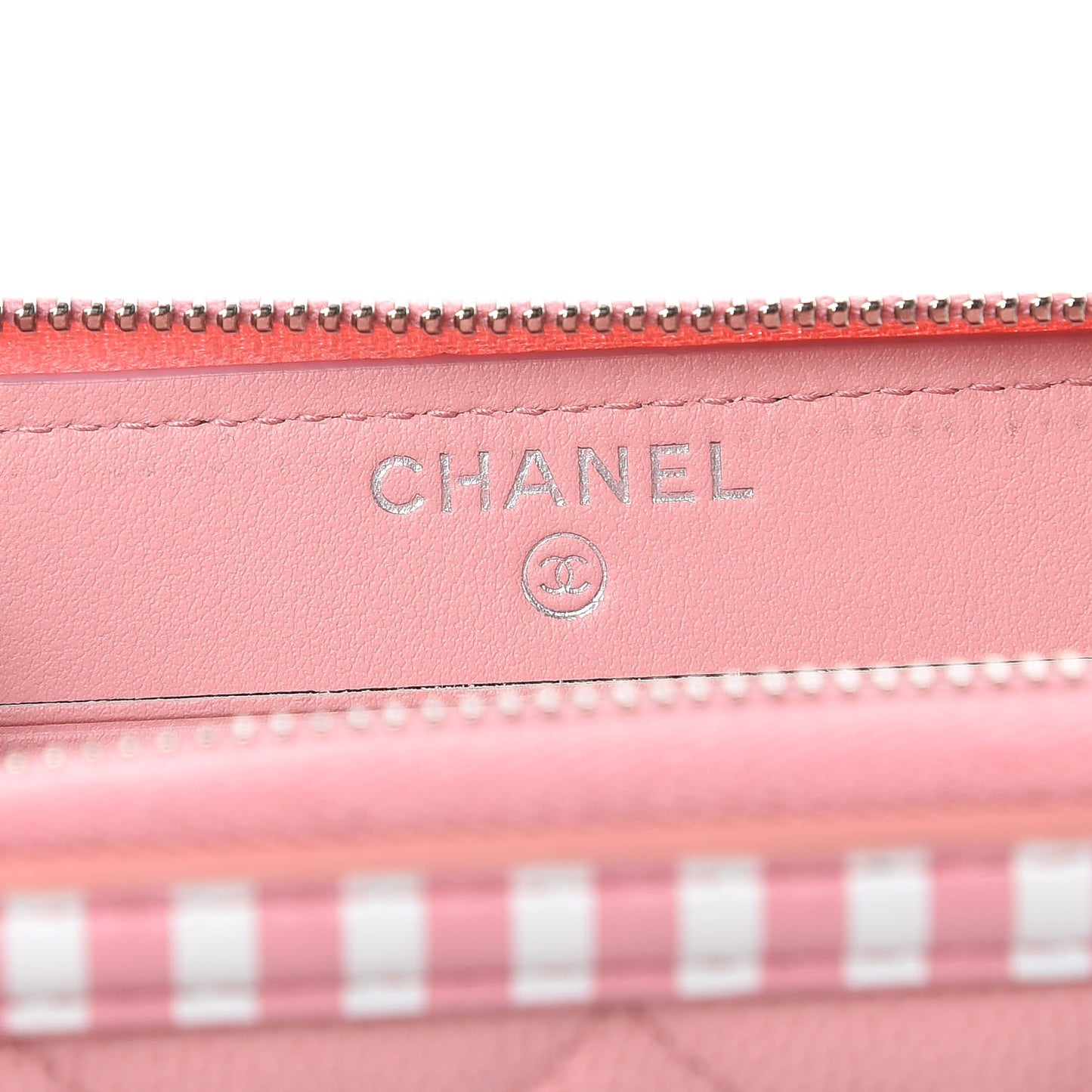 Caviar Quilted Medium Stripe Filigree Zip Around Wallet Pink White