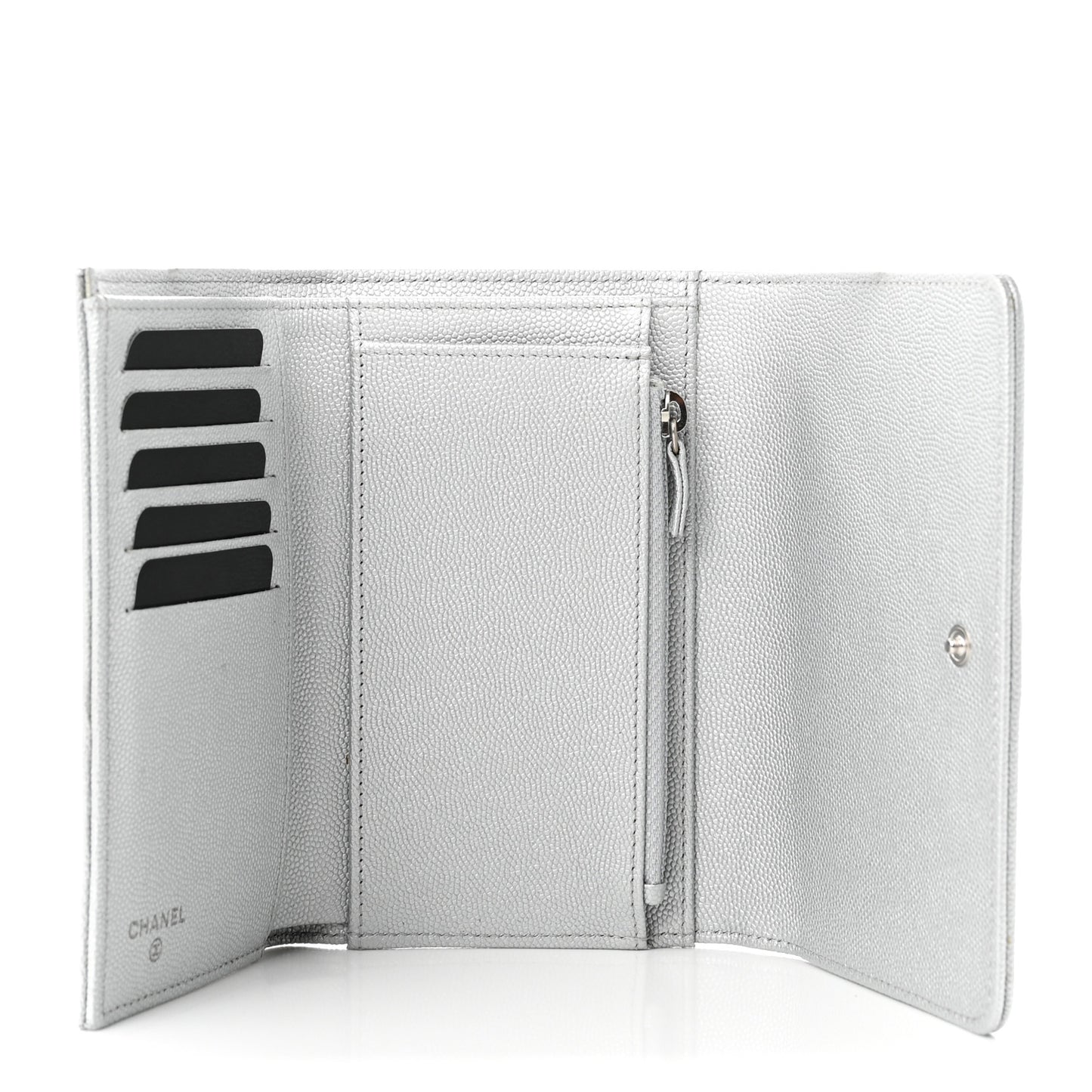 Metallic Caviar Chevron Quilted Mademoiselle Vintage Flap Wallet Silver