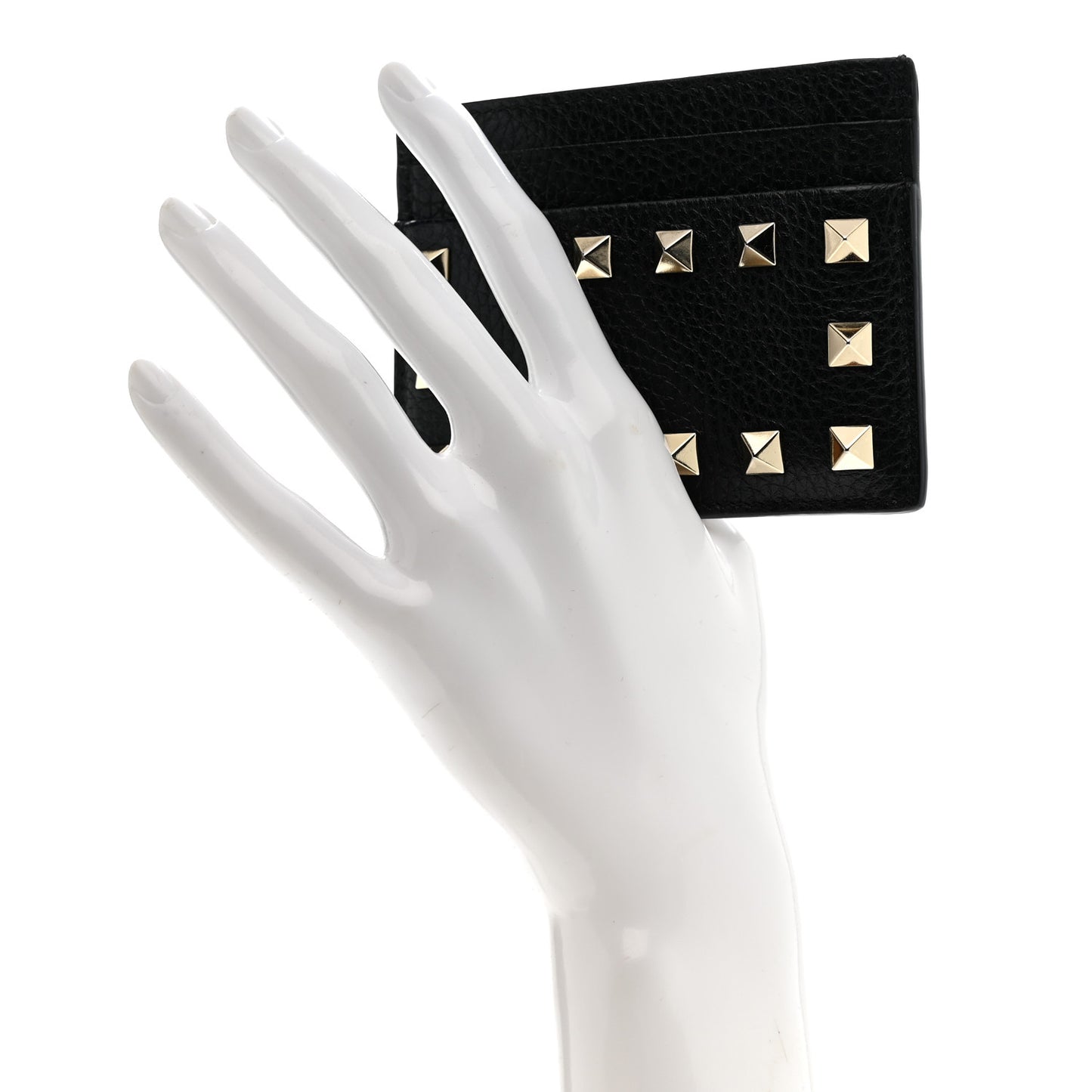 Pebbled Calfskin Rockstud Card Holder Black