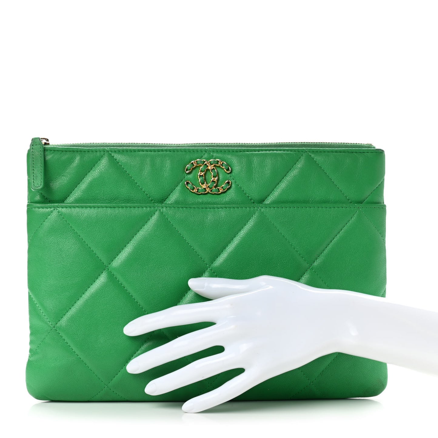 Shiny Goatskin Quilted Chanel 19 Pouch Green
