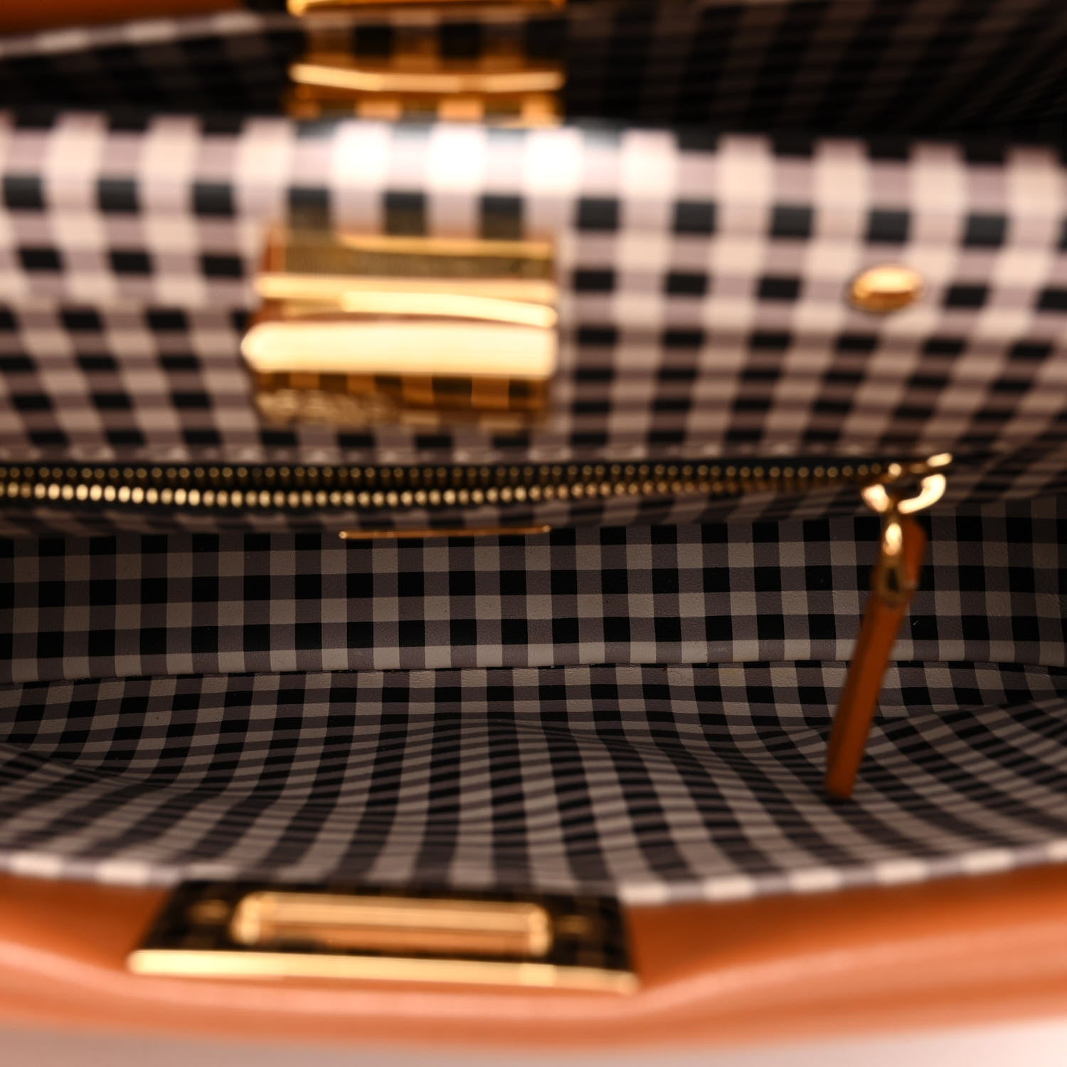 Fendi Nappa Vitello Century Gingham Embossed Mini Peekaboo Iconic Satchel Brandy White Black 5 of 11