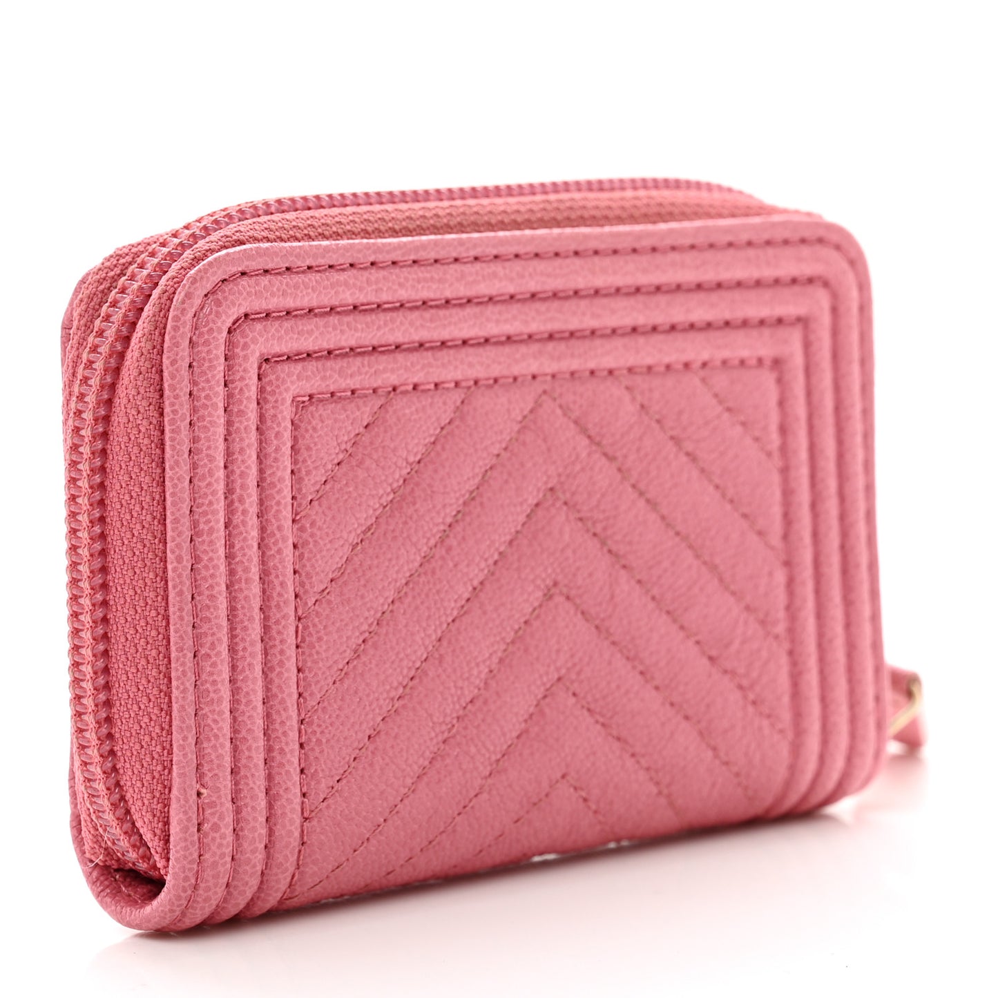 Caviar Chevron Quilted Boy Zip Around Coin Purse Wallet Pink
