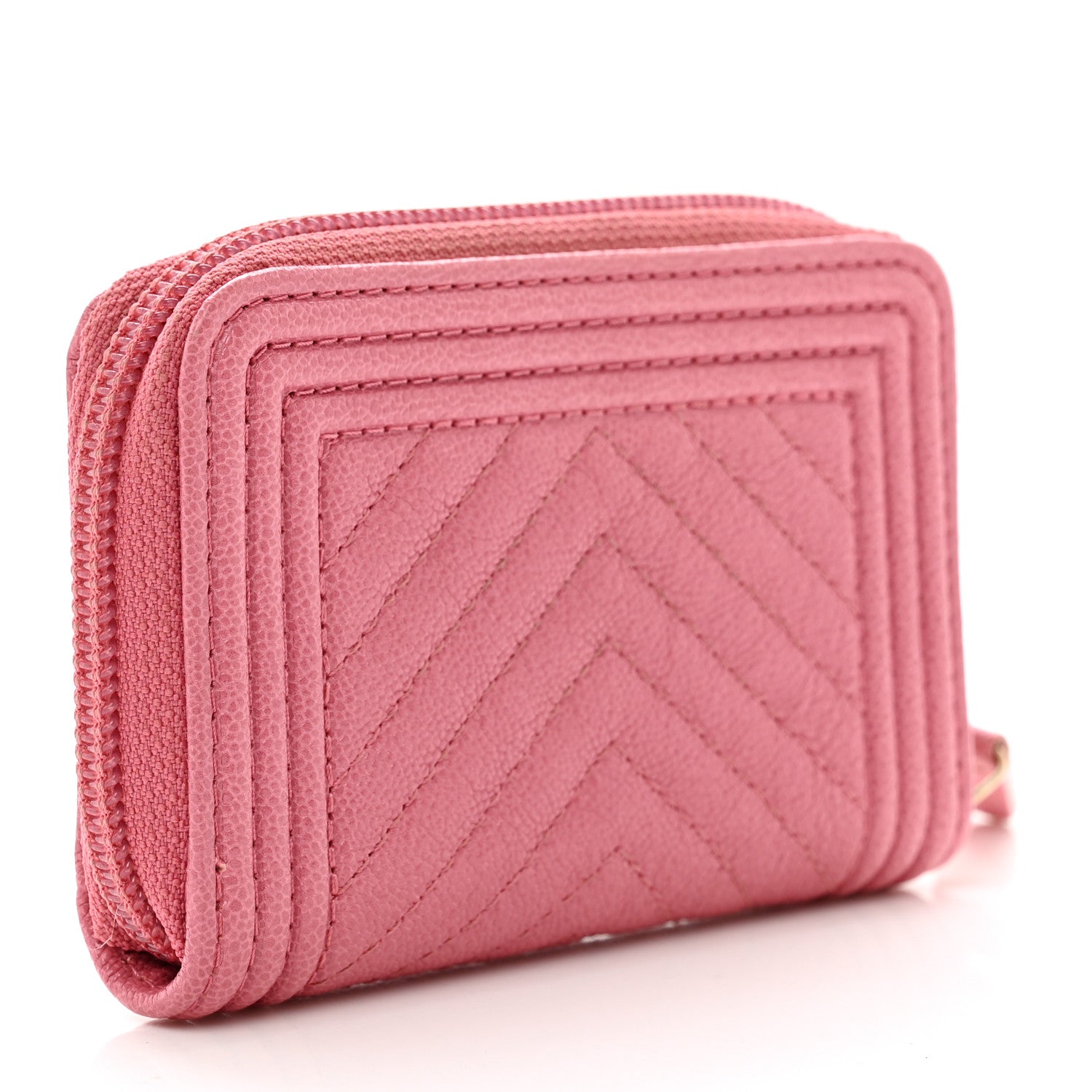 Chanel Caviar Chevron Quilted Boy Zip Around Coin Purse Wallet Pink 3 of 7