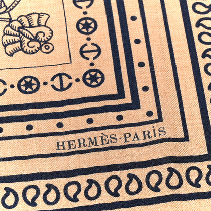 Hermes Cashmere Silk Tatouages Marins Bandana Shawl 140 Caramel Marine 2 of 4