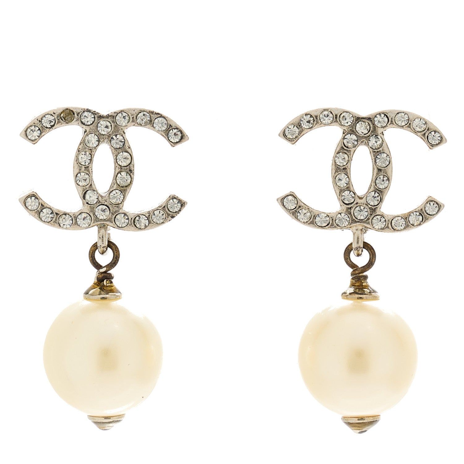 Chanel Crystal Pearl CC Drop Earrings Silver 1 of 4