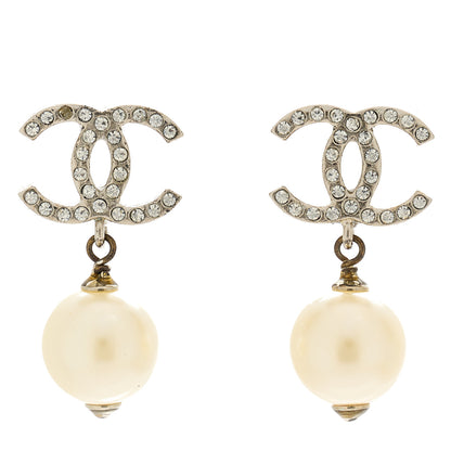 Chanel Crystal Pearl CC Drop Earrings Silver 1 of 4